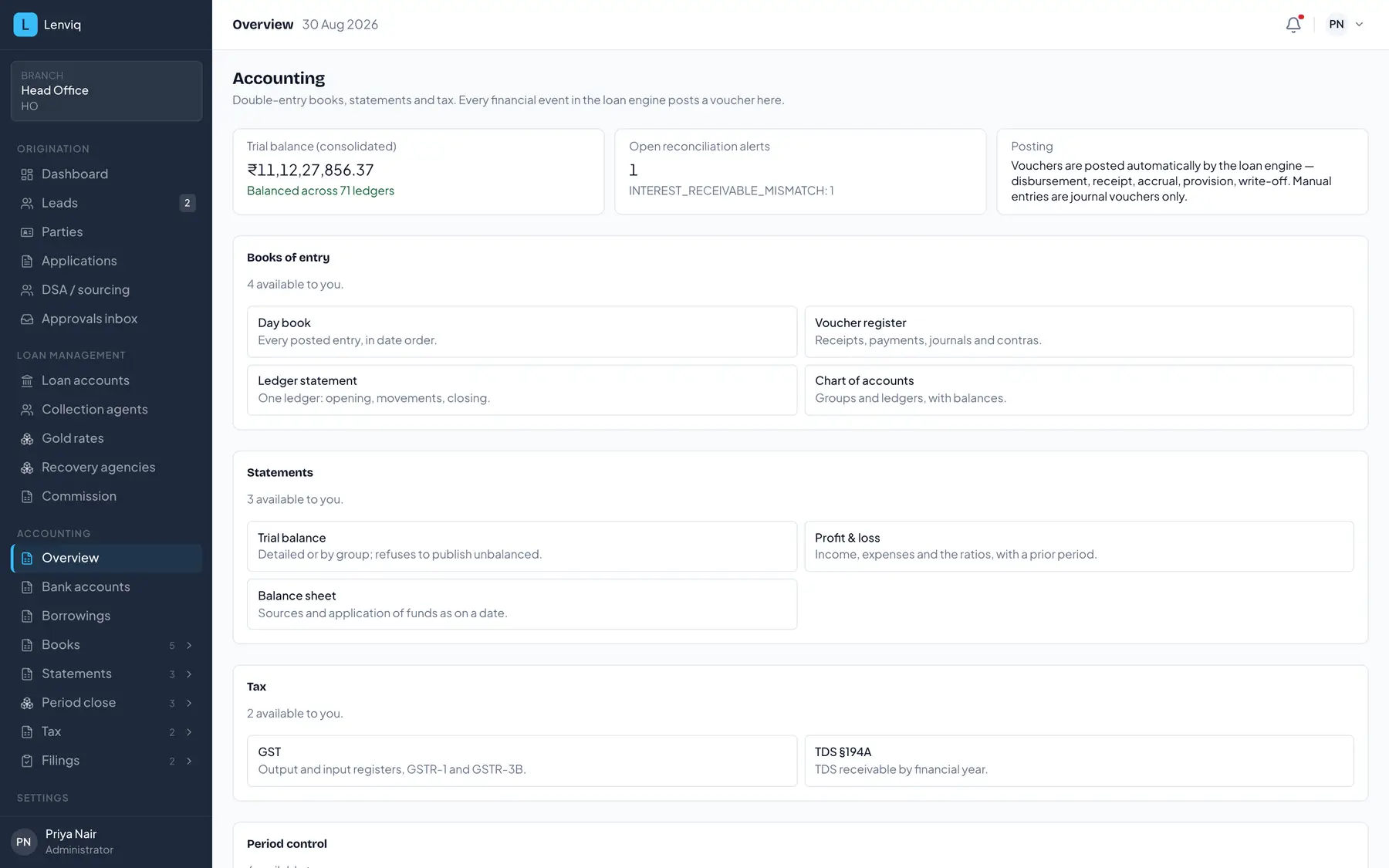 The accounting section in Lenviq showing vouchers generated from loan events