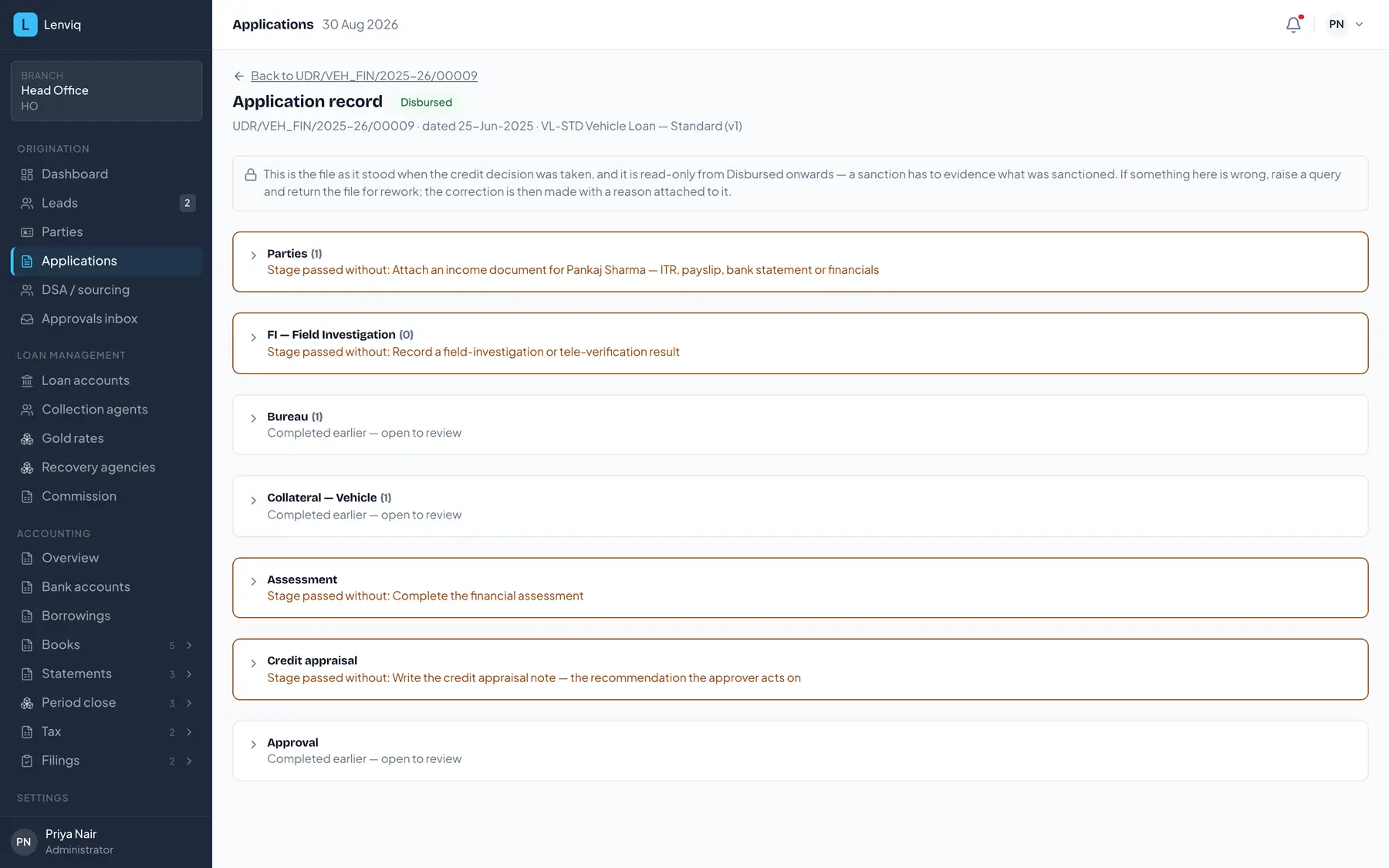 A loan application record in Lenviq showing the captured application data section by section, with the stages it has passed through listed alongside