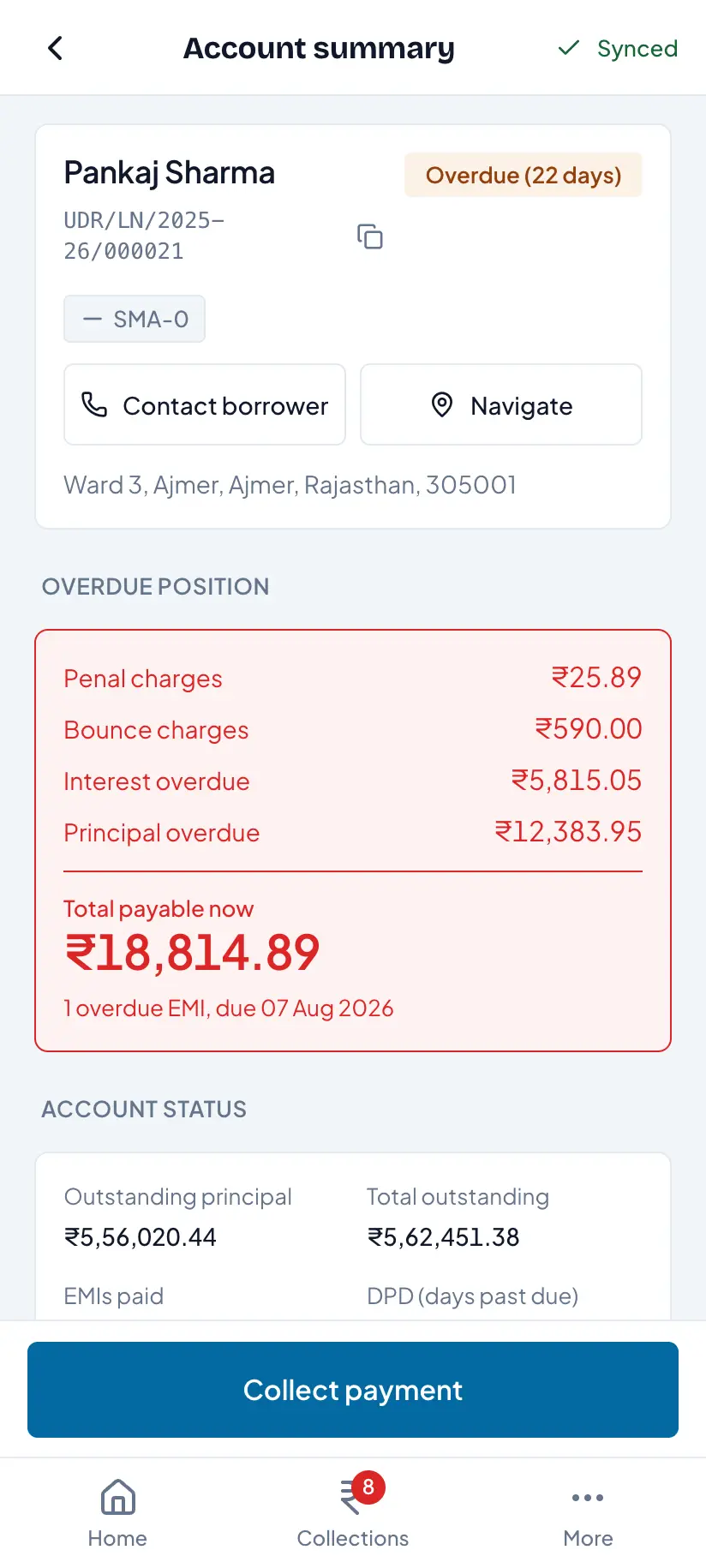 The Lenviq field app showing a borrower's account summary with its SMA classification, the overdue position broken into penal, bounce, interest and principal, and the total payable now