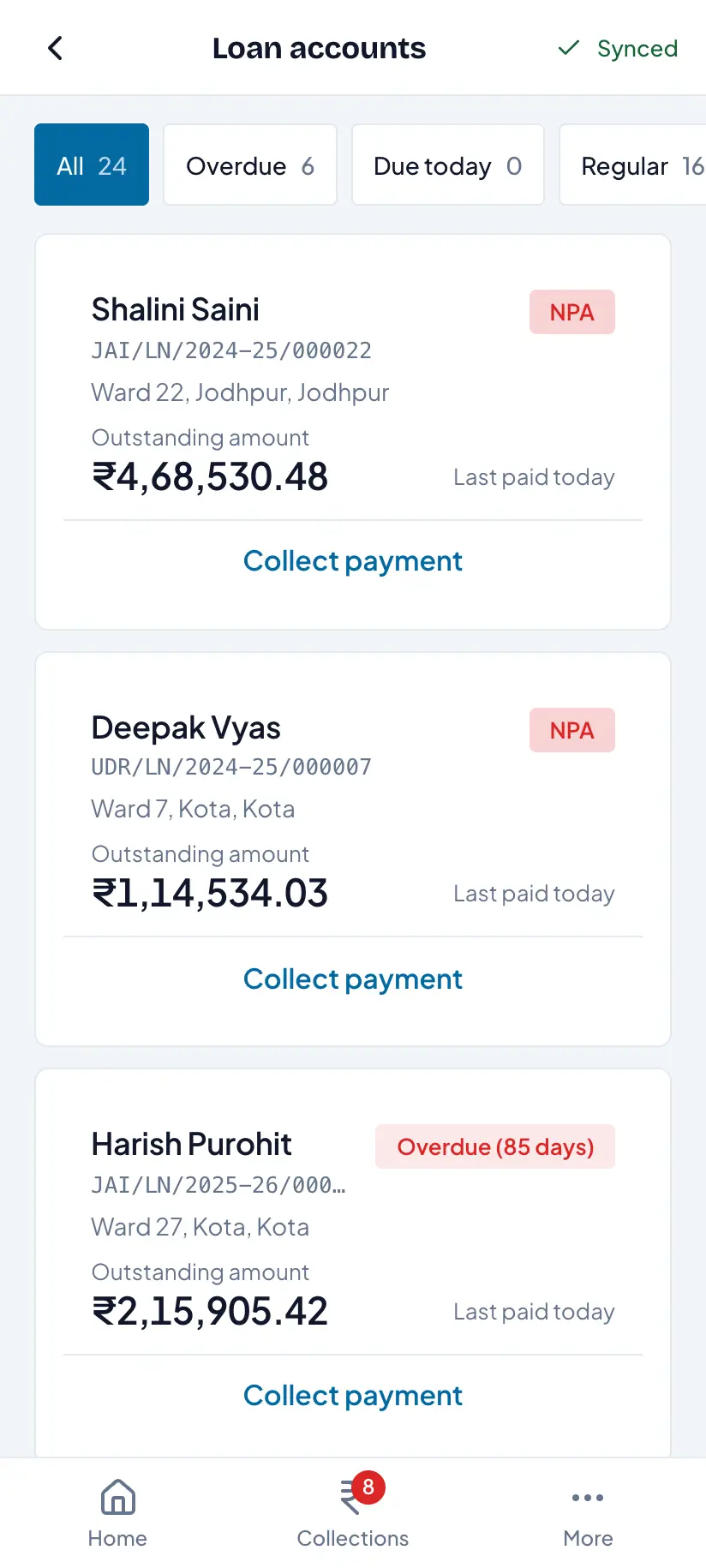 The Lenviq field app showing a collection agent's loan accounts filtered by overdue, due today, regular and NPA