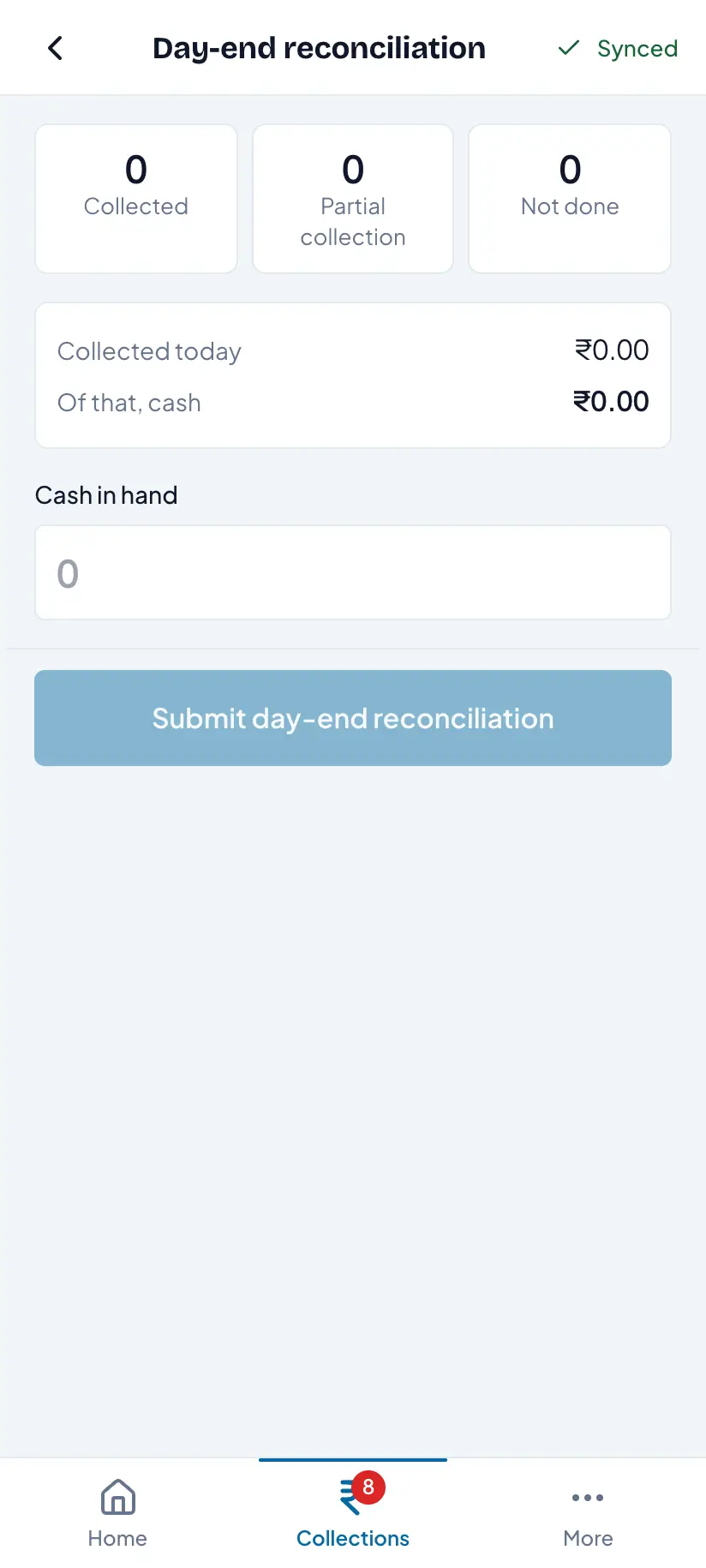The day-end reconciliation screen showing what was collected and what is being handed in