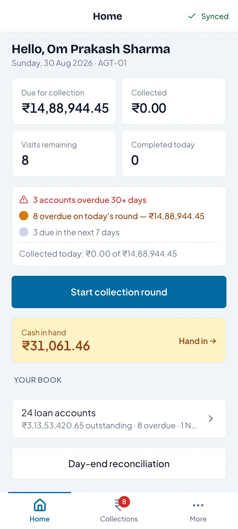The field app home screen, showing cash in hand, the accounts overdue by more than thirty days and how much of today's collection has been made
