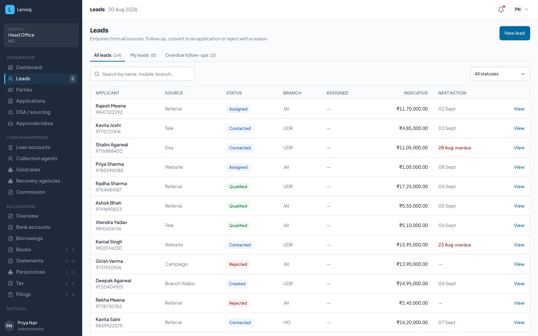 The Lenviq leads screen listing enquiries with their source, status, branch, indicative amount and next follow-up date, with overdue follow-ups marked in red