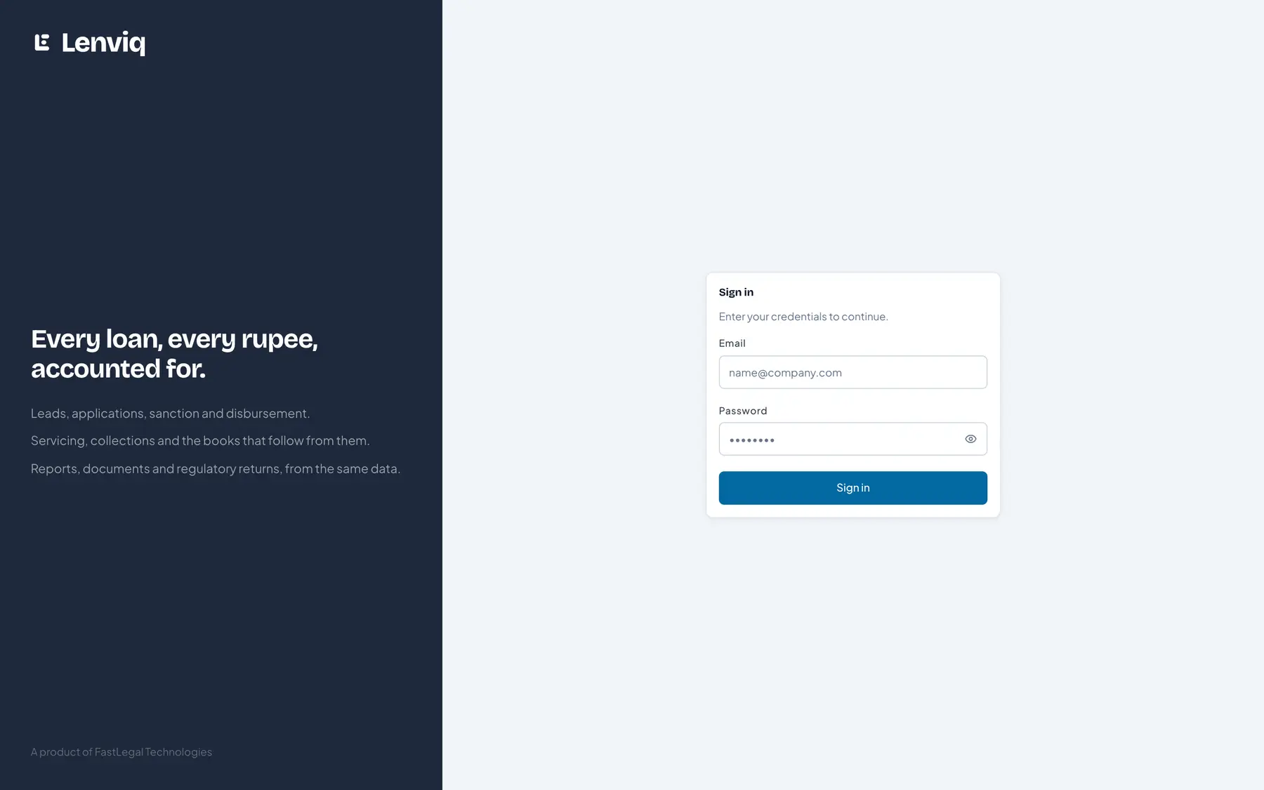 The Lenviq sign-in screen, with fields for email and password