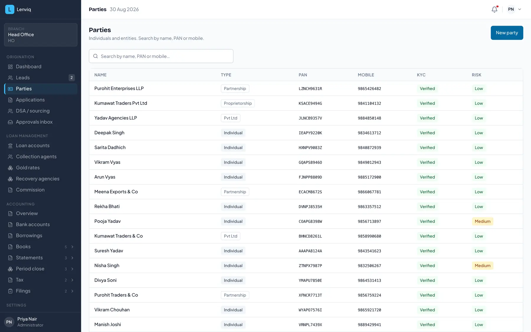 The parties list in Lenviq showing borrower records with their type and identifiers
