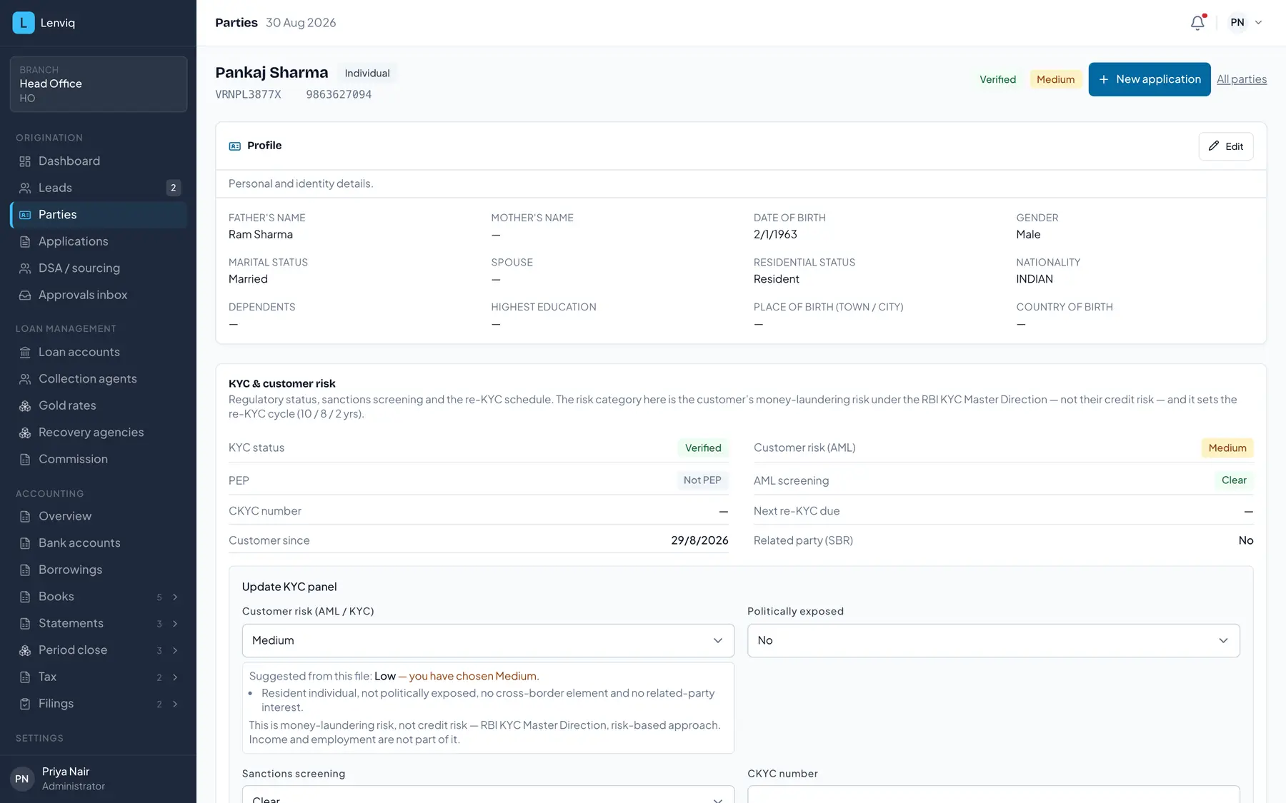 A borrower record in Lenviq showing the profile and the KYC and customer-risk panel, with the money-laundering risk category, sanctions screening and the re-KYC schedule