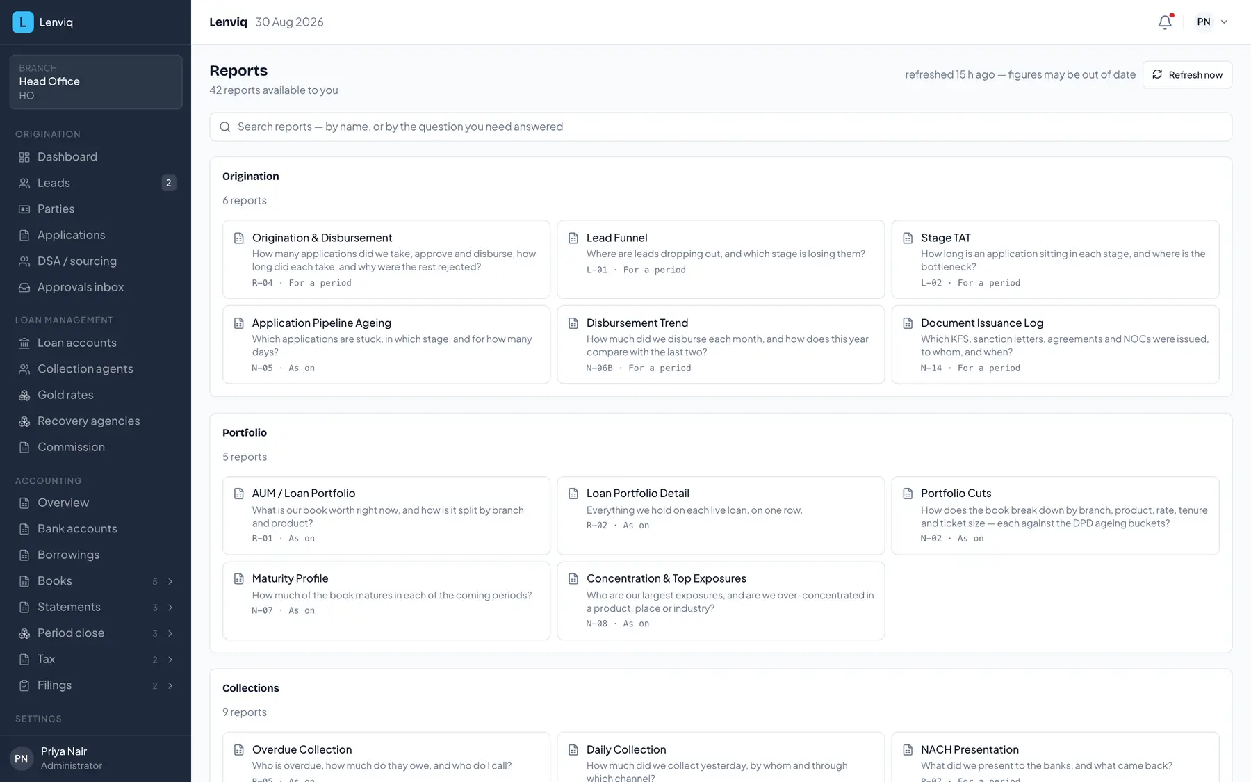 The reports screen listing the regulatory and management reports available
