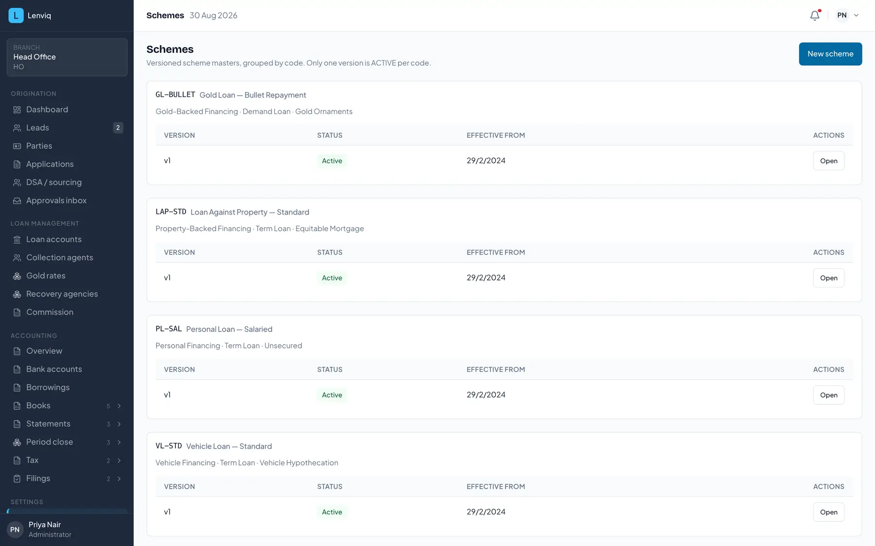 The schemes list showing each product's version, status, amount and tenure range